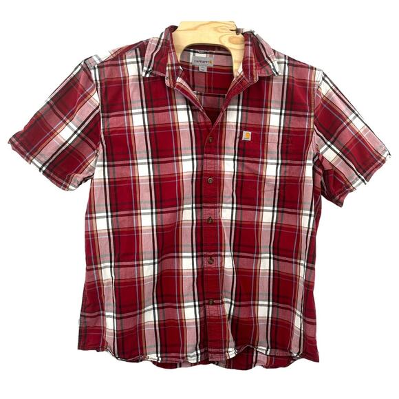 CARHARTT Button Up Relaxed Fit Shirt Red White Multicolor Plaid 2XL Short Sleeve - Picture 1 of 5